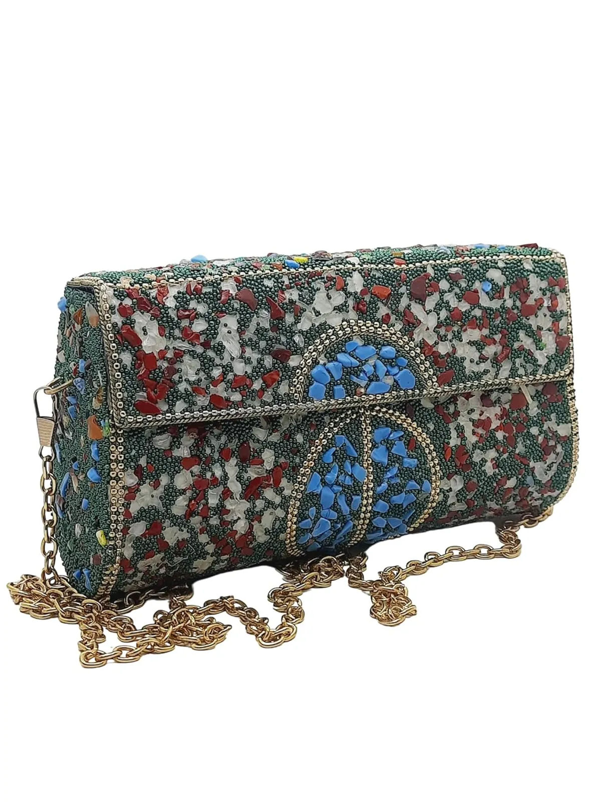 Green Mosaic Metal Ethnic Handbag for Women